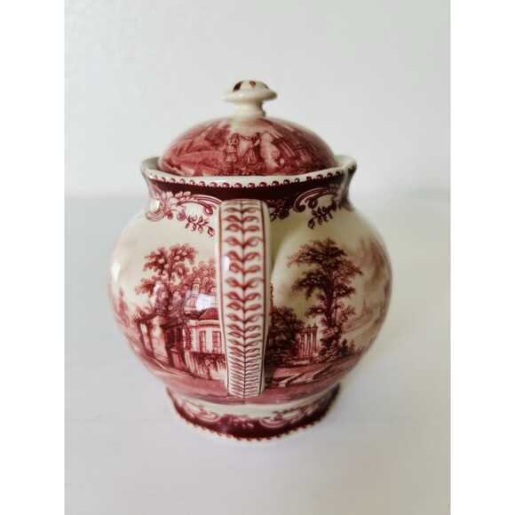 Vintage Red Transferware Creamer & Sugar Bowl Set w/Lid Victorian Ironstone - Picture 11 of 14